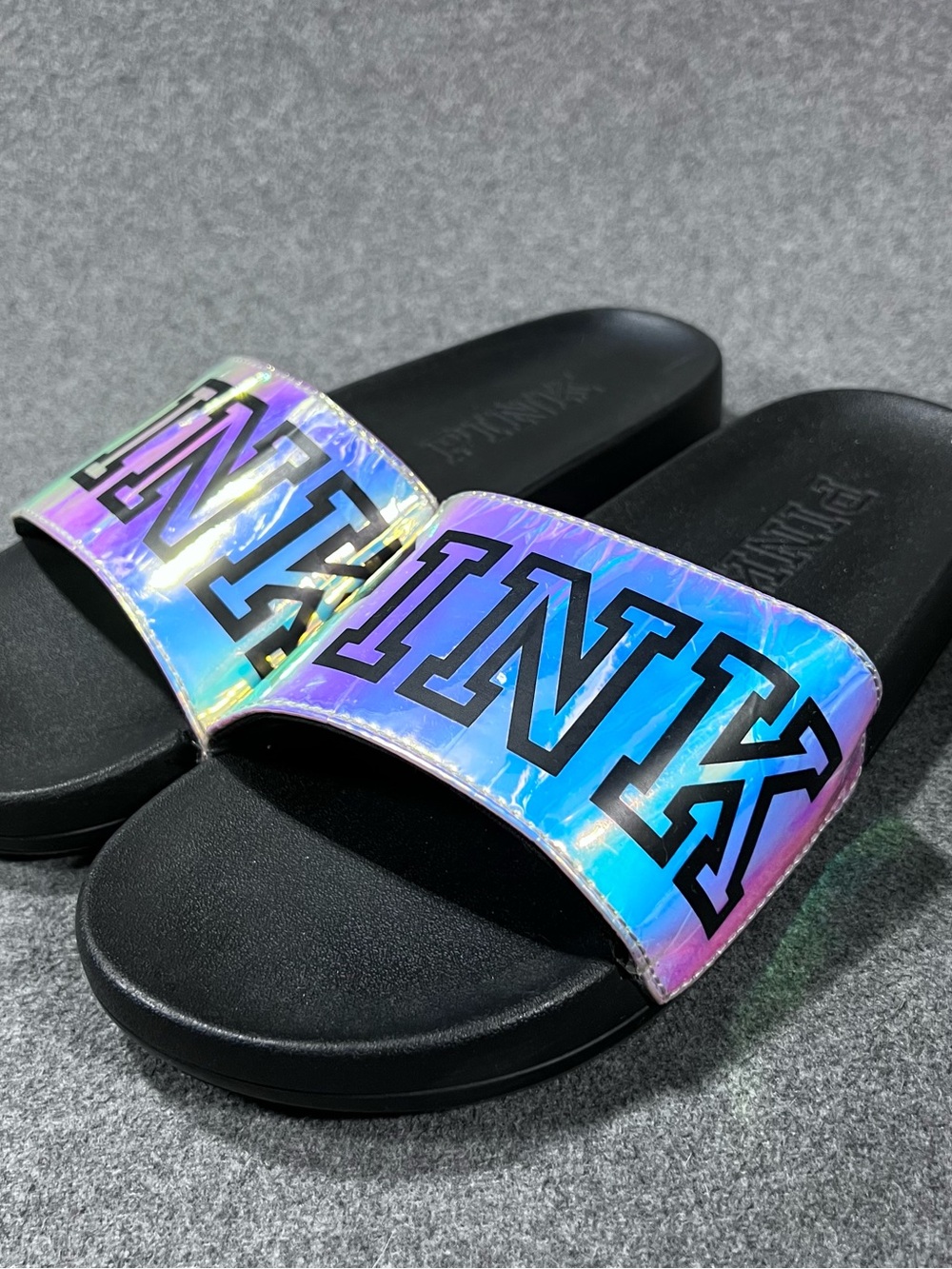 Victorias Secret PINK Holographic Iridescent Slide Sandals Womens Large (40/41)